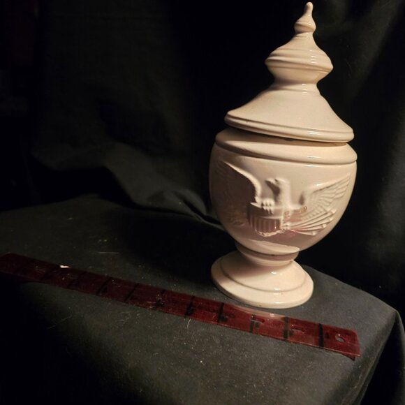 Vintage Cream Ceramic Lidded Urn With Embossed Eagle Design - Picture 2 of 9